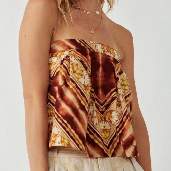Free People Women's Brown Kendra Printed Flowy Tube Top -‎ Size S Small - Picture 1 of 6